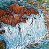 Pictand tabloul Grizzly Bears fishing and catching Salmon in river