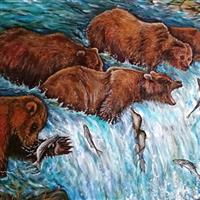 Pictand tabloul Grizzly Bears fishing and catching Salmon in river!